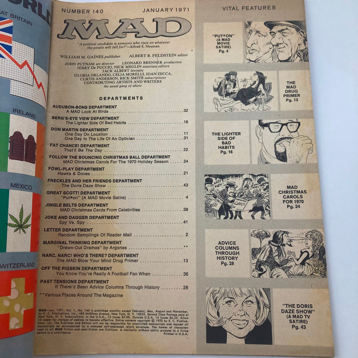 Inside page of VTG Mad Magazine January 1971 No. 140 displaying the table of contents and featuring various humorous articles and satire relevant to the magazine's unique style.