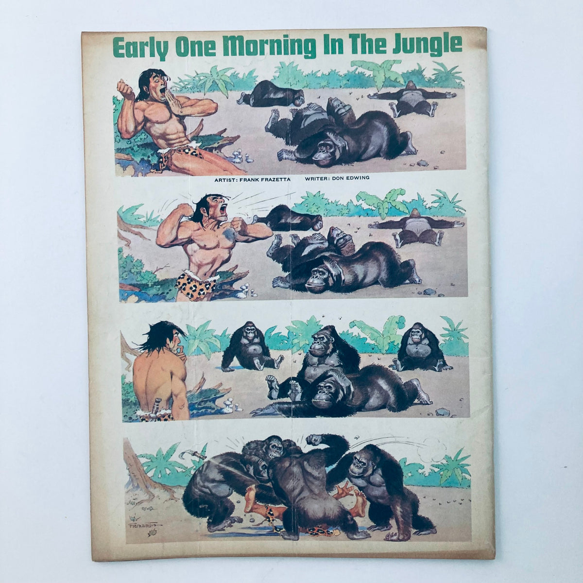 Comic strip illustration from Mad Magazine October 1966 No. 106 depicting an engaging scene titled 'Early One Morning In The Jungle' with a muscular character and gorillas.