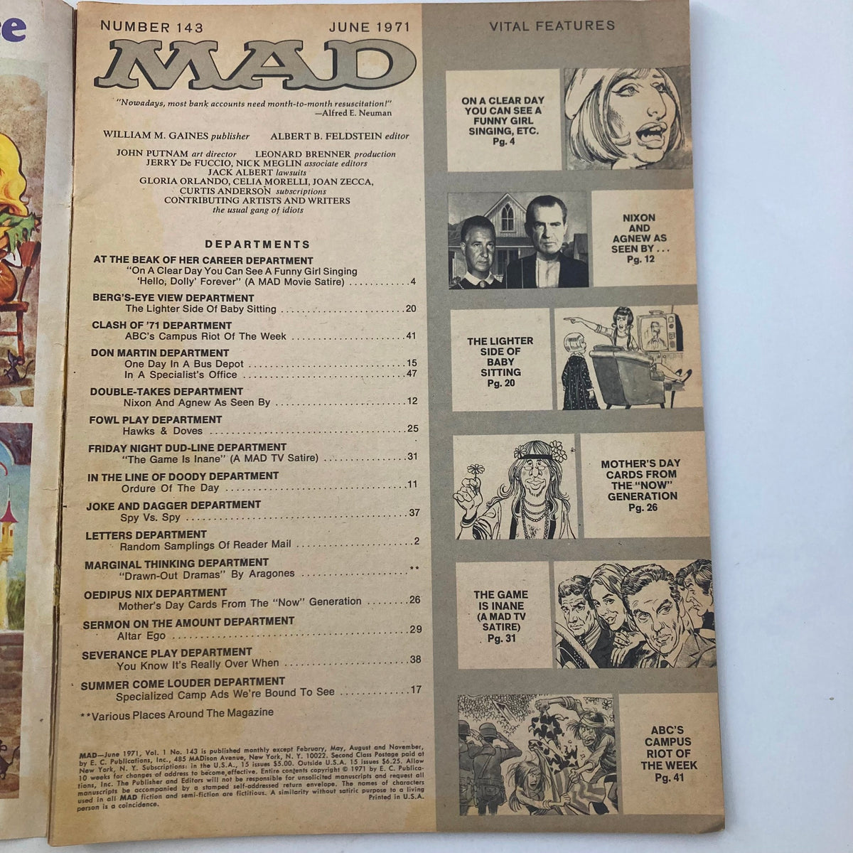 Inside cover page of VTG Mad Magazine June 1971 No. 143 featuring various comic strips and articles.