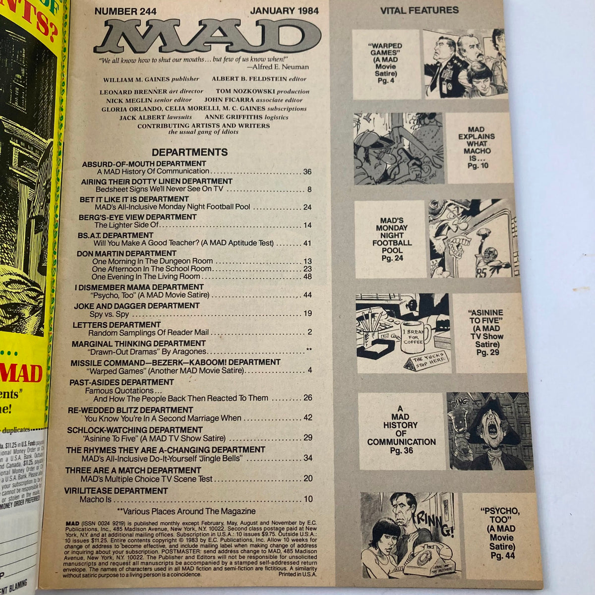 Inside page of VTG Mad Magazine January 1984 No. 244 showing the table of contents with various sections dedicated to absurd humor and satire, reflecting the magazine's iconic comedic style.