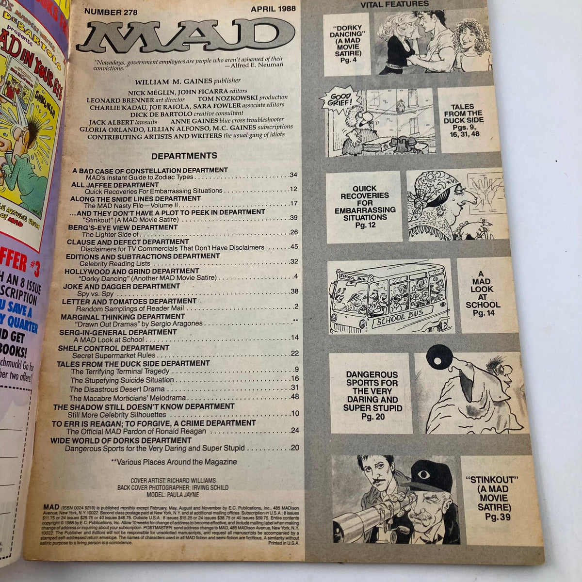 Interior page of VTG Mad Magazine April 1988 No. 278 showcasing the table of contents with various humorous features, including 'Dorky Dancing'.