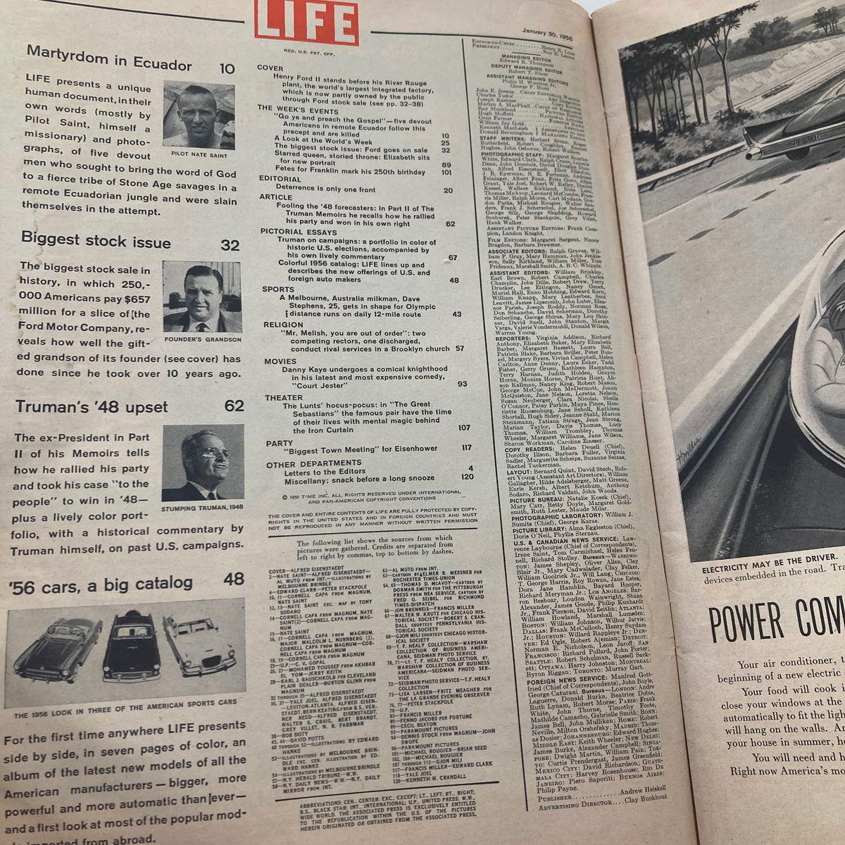 Interior page of VTG Life Magazine January 30 1956 featuring table of contents and articles including a section on Henry Ford II at River Rouge.