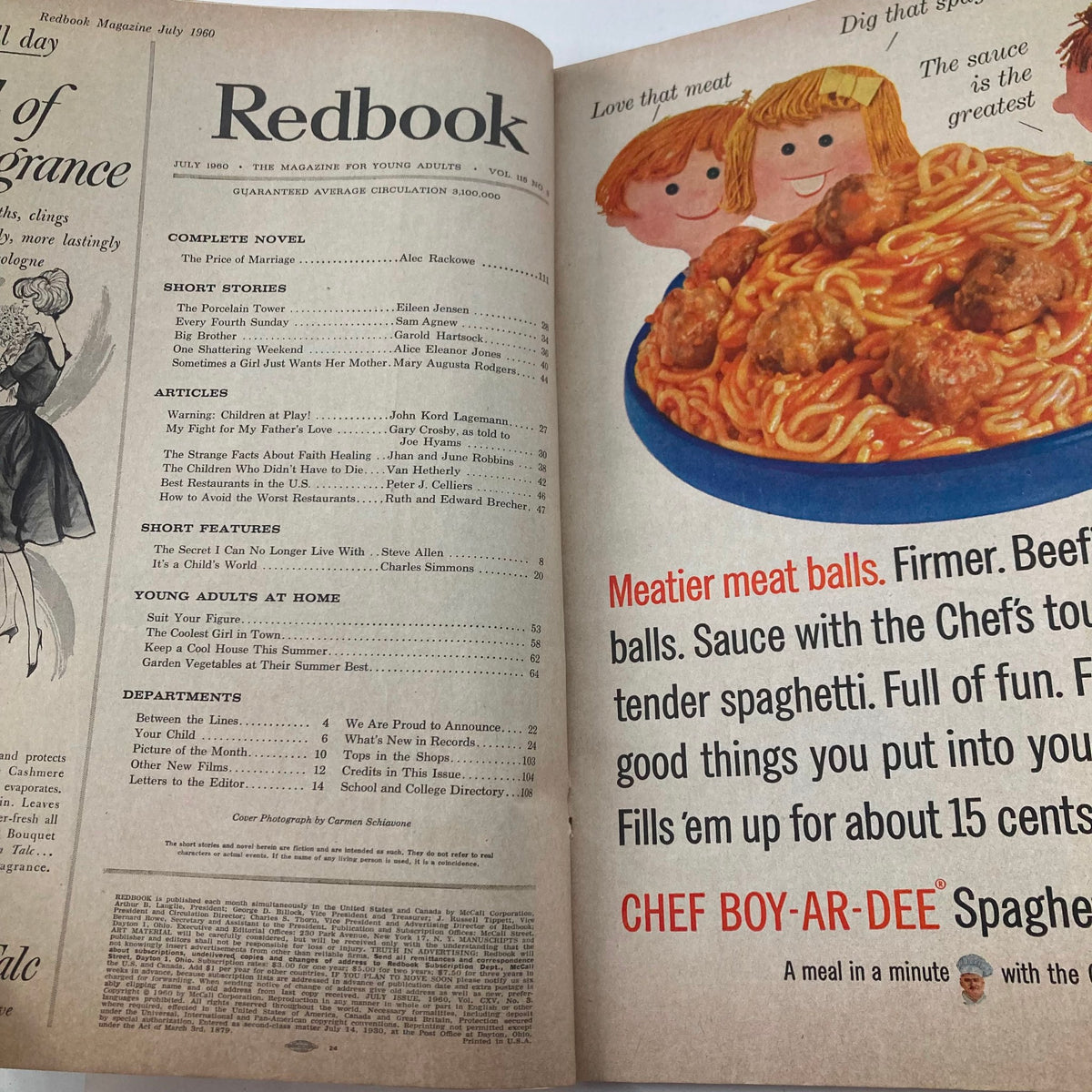 Interior page of the VTG Redbook Magazine from July 1960, Volume 115, featuring the table of contents and an advertisement for Chef Boy-Ar-Dee spaghetti, highlighting the complete novel 'The Price of Marriage'.