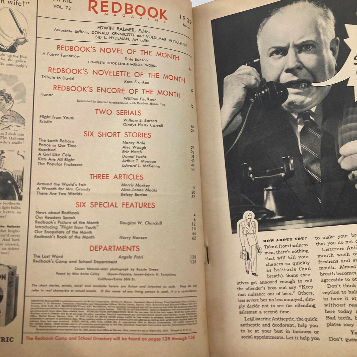 Inside page of VTG Redbook Magazine April 1939, Vol 72 No. 6 displaying the table of contents with titles of stories, articles, and features from the magazine, highlighting cultural trends of the time.