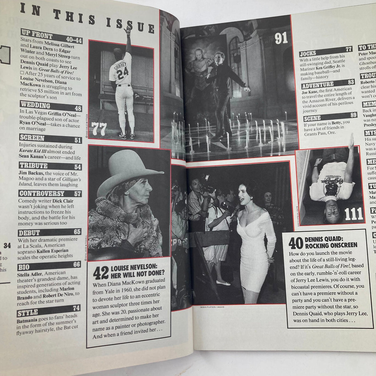 Inside content page of People Weekly Magazine from July 17, 1989, outlining featured stories including celebrities and events, with focus on Hugh Hefner and notable figures.