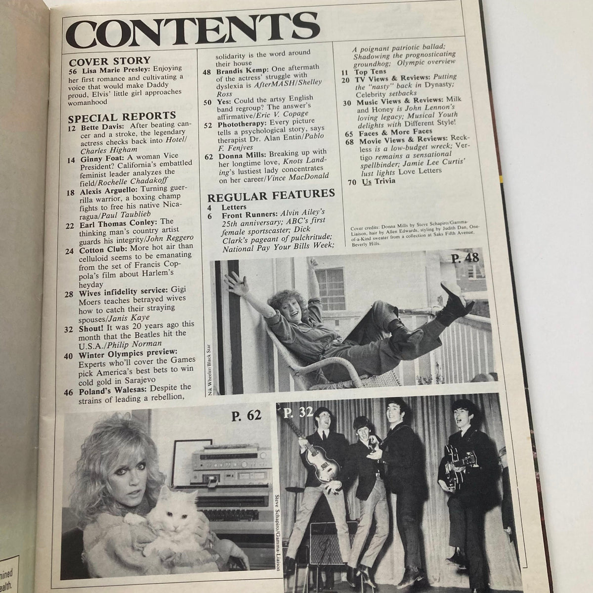 Contents page of Us Magazine February 13, 1984 showcasing various articles and features including the cover story on Lisa Marie Presley. The layout includes sections on special reports, regular features, and notable photographs from the 1980s.