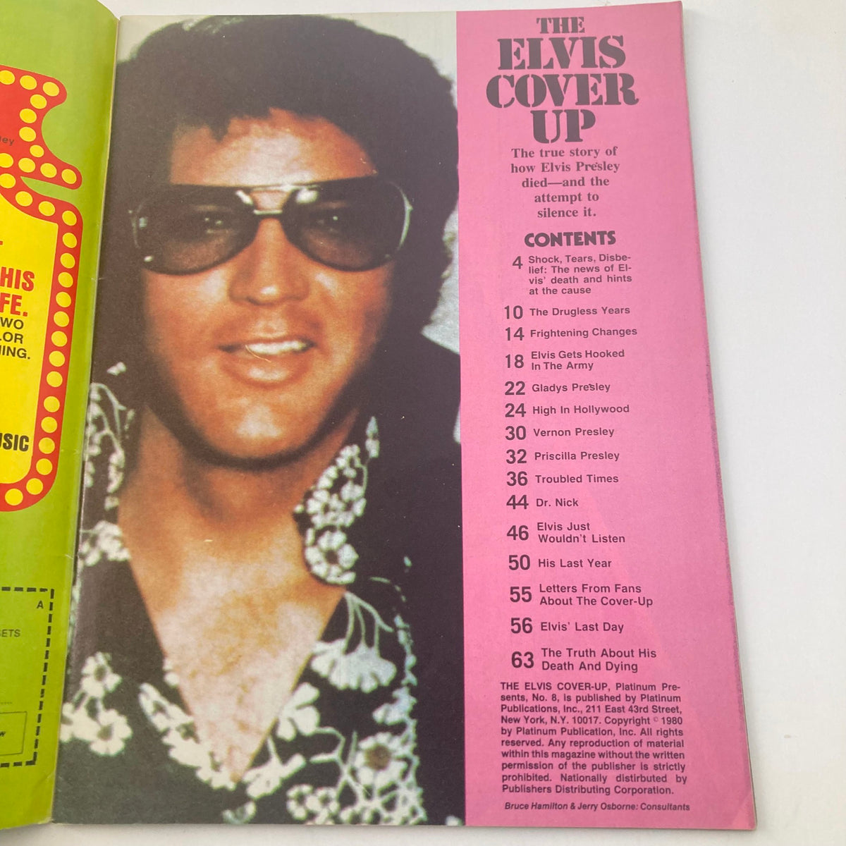 Inside page of Platinum Magazine Presents The Elvis Cover-Up 1980 No. 8 displaying a photograph of Elvis Presley with sunglasses, alongside the table of contents detailing articles about his life and legacy.