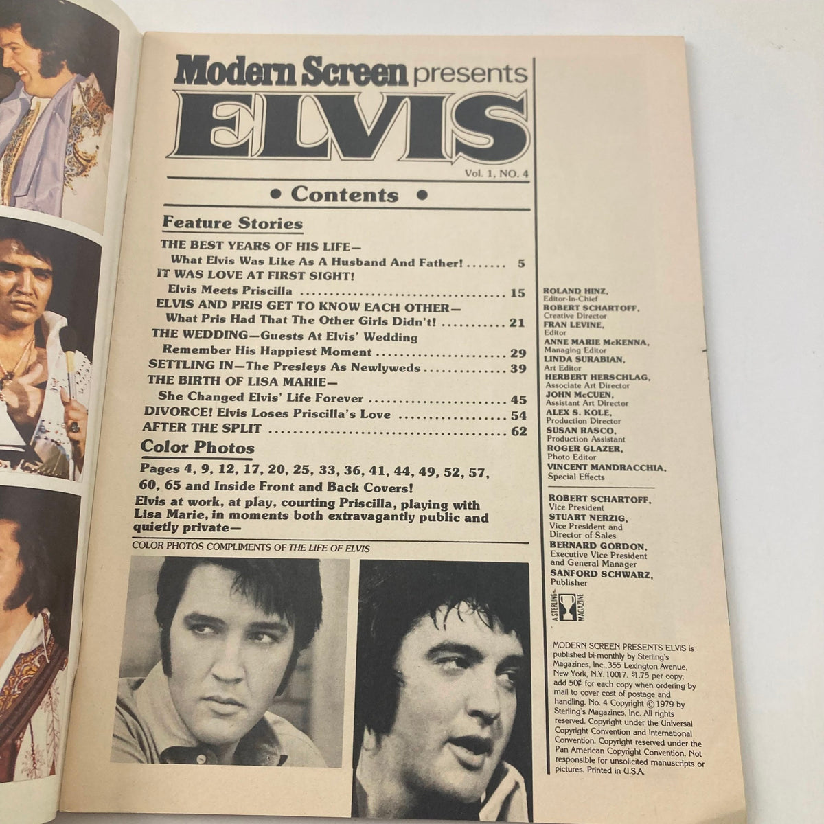 Interior page of VTG Modern Screen Magazine Presents 1979 Vol 1 No. 4 Elvis Presley, displaying the table of contents with featured stories about Elvis's life, marriage, and more, accompanied by iconic images.