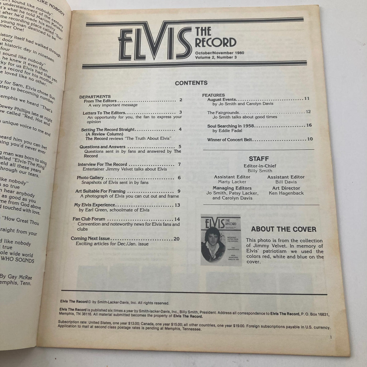 Contents page of VTG Elvis The Record Magazine October 1980 Vol 2 No. 3 featuring sections on articles, fan club news, and an interview with Jimmy Velvet about Elvis Presley.