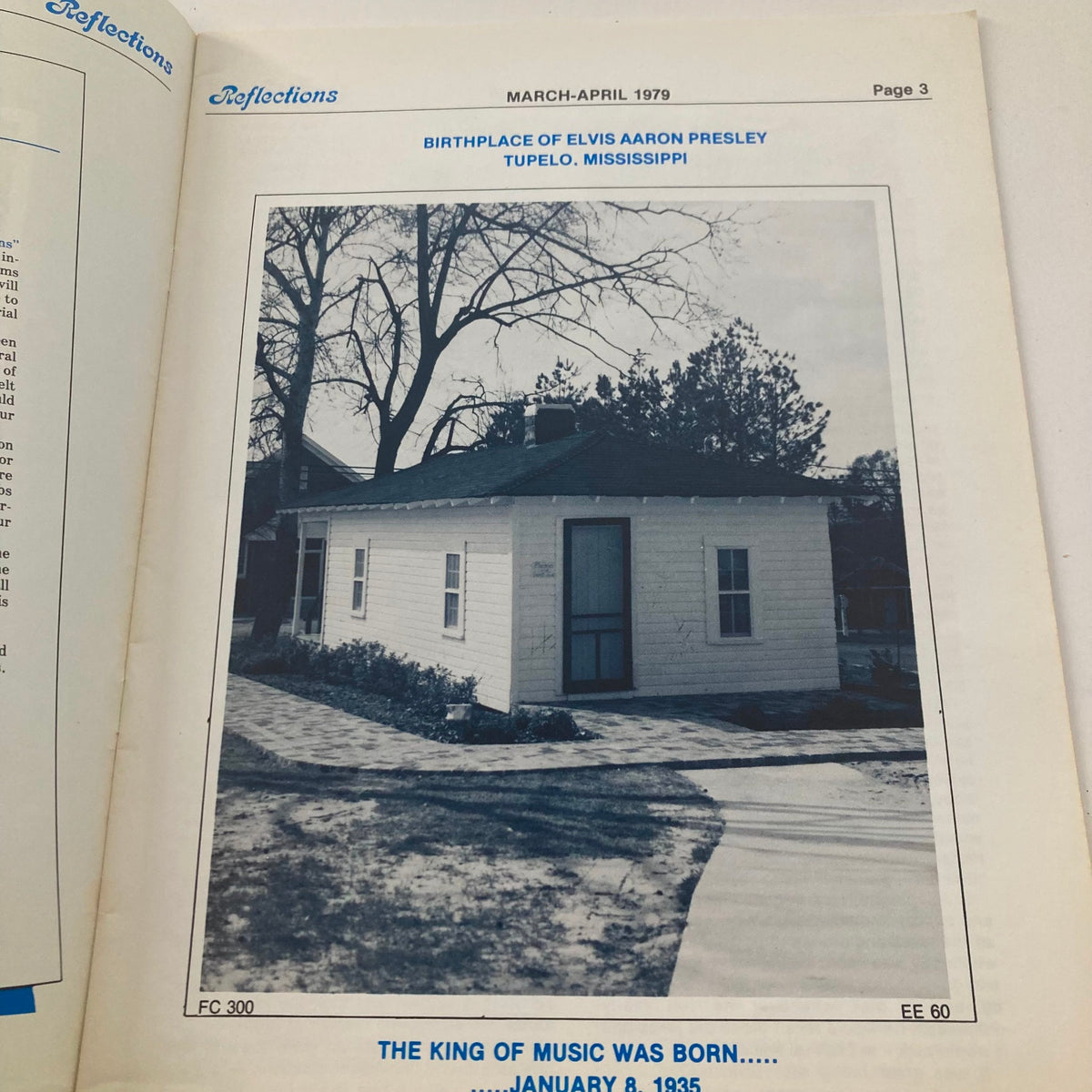 Interior page from VTG Reflections Magazine March 1979 Vol 1 Issue 2 highlighting the birthplace of Elvis Presley in Tupelo, Mississippi, depicting the historical significance of the King of Rock 'n' Roll.