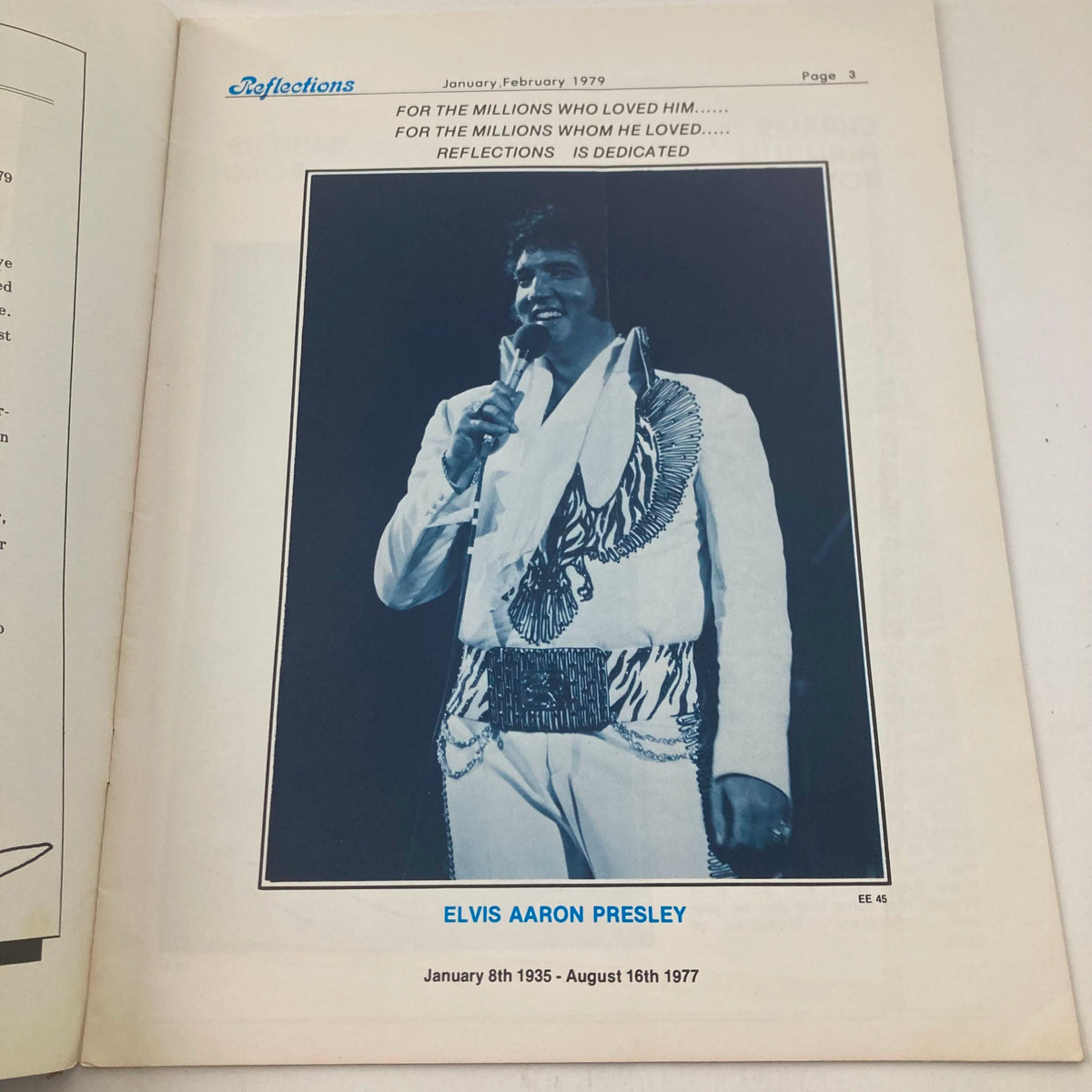 Interior page of VTG Reflections Magazine January 1979 dedicating a tribute to Elvis Aaron Presley, showing a performance image and commemorating his impact on music.