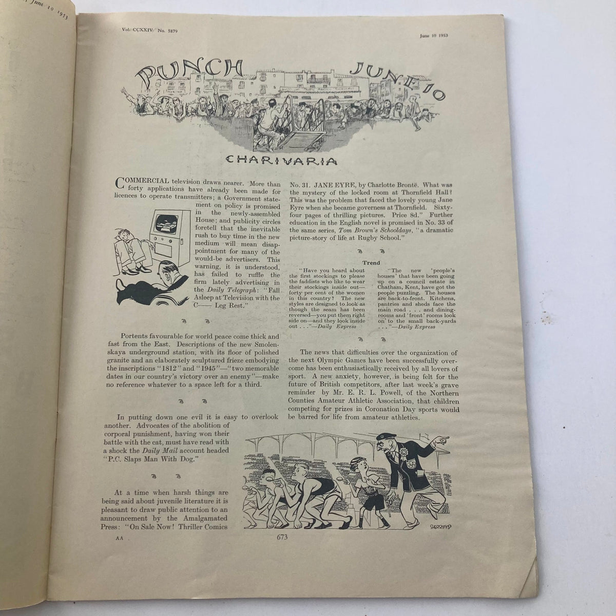Inside page of VTG Punch Magazine June 10, 1953, showcasing an article with comedic commentary and a cartoon related to the cultural sentiments of the post-war era.