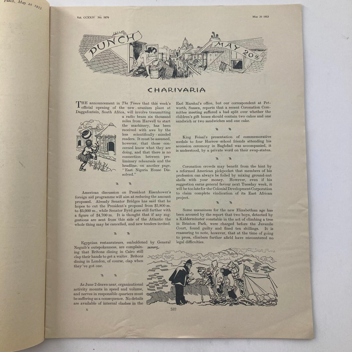 Inside page of VTG Punch Magazine May 20 1953 displaying text and charming illustrations, reflecting the magazine's unique commentary from the 1950s.