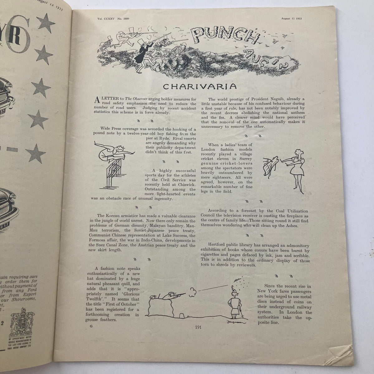 Interior page of VTG Punch Magazine August 12 1953, Vol 225 No 5889 showcasing humorous cartoons and articles from the post-World War II era.