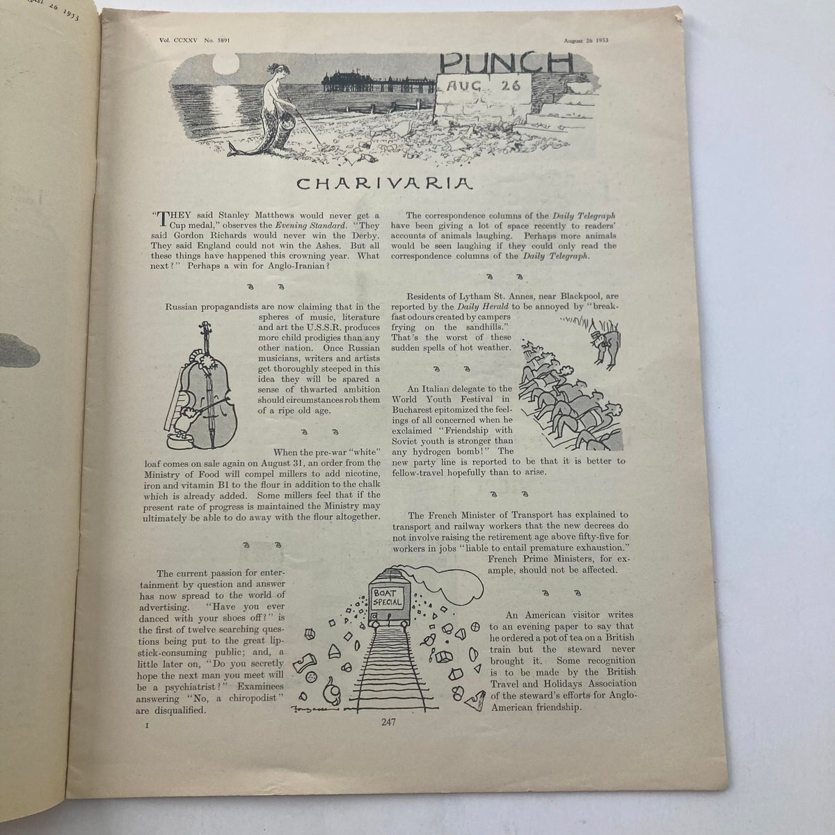 Inside page of VTG Punch Magazine, August 26, 1953, Vol 225 #5891, showcasing the 'Charivaria' segment with satirical commentary and illustrations reflecting on contemporary events of the time.