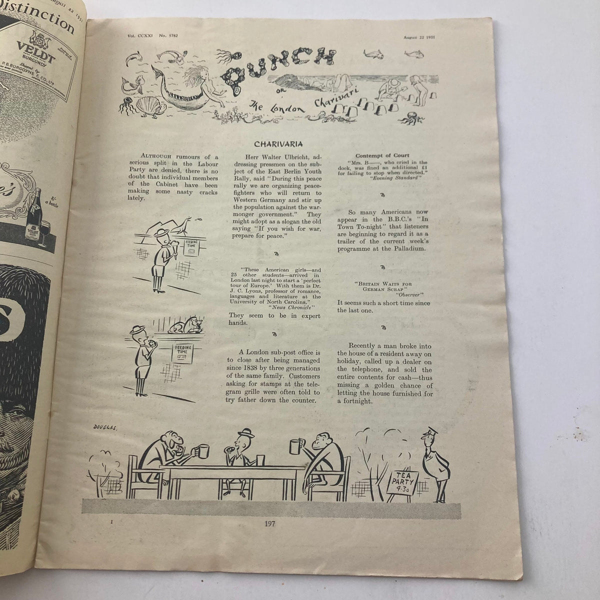 Interior page from the 'VTG Punch Magazine August 22 1951 Vol 221 #5782', featuring amusing cartoons and witty commentary reflective of the 1950s humor style.