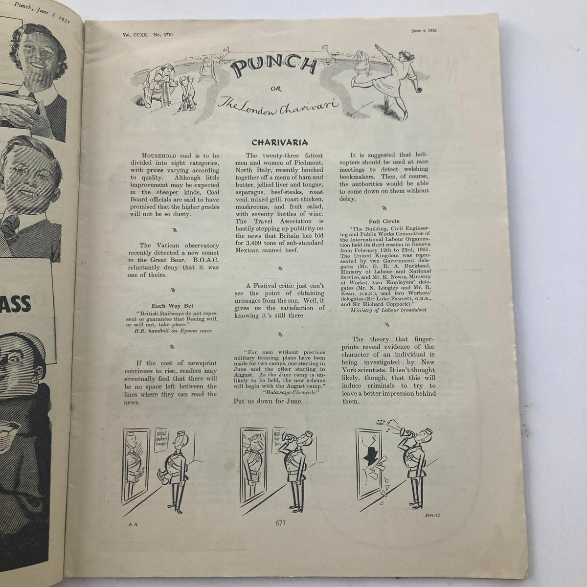 Interior page of VTG Punch Magazine June 6 1951 Vol 220 #5770 displaying articles and cartoons from the early 1950s.