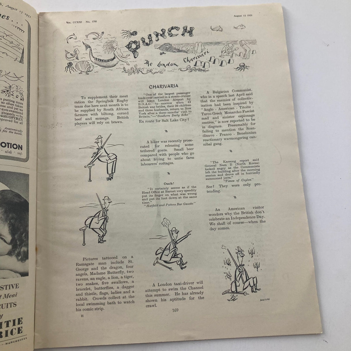Interior page of VTG Punch Magazine August 15 1951 Vol 221 No 5781 showcasing witty commentary and cartoons reflecting 1950s societal humor.