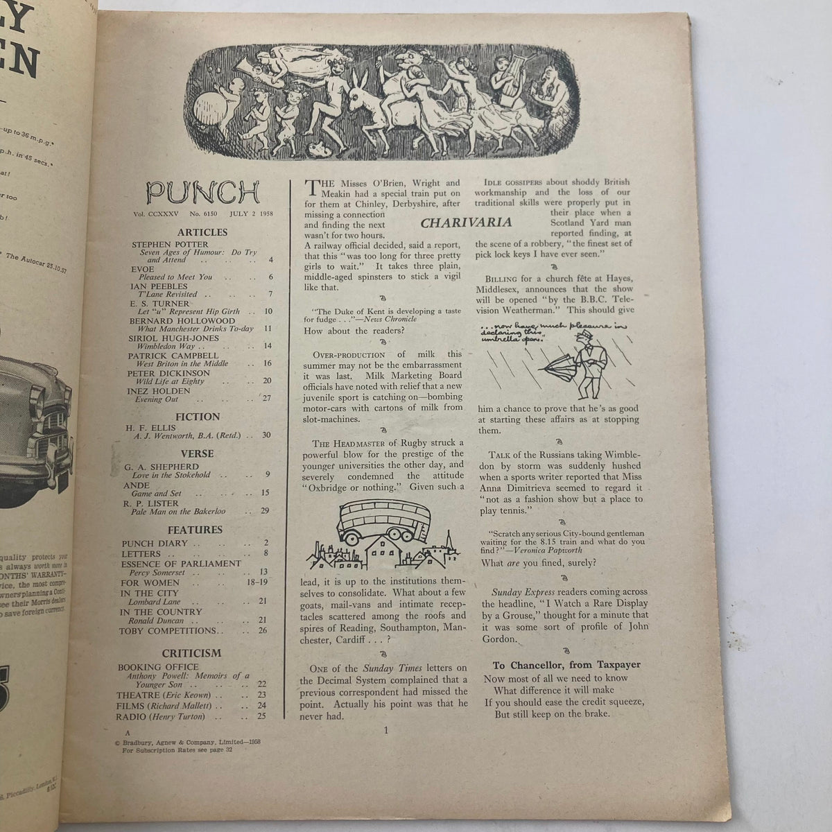 Inside page of VTG Punch Magazine July 2, 1958 Vol 225 #6150 displaying the table of contents with illustrations and text reflecting the humor and satire of the era.