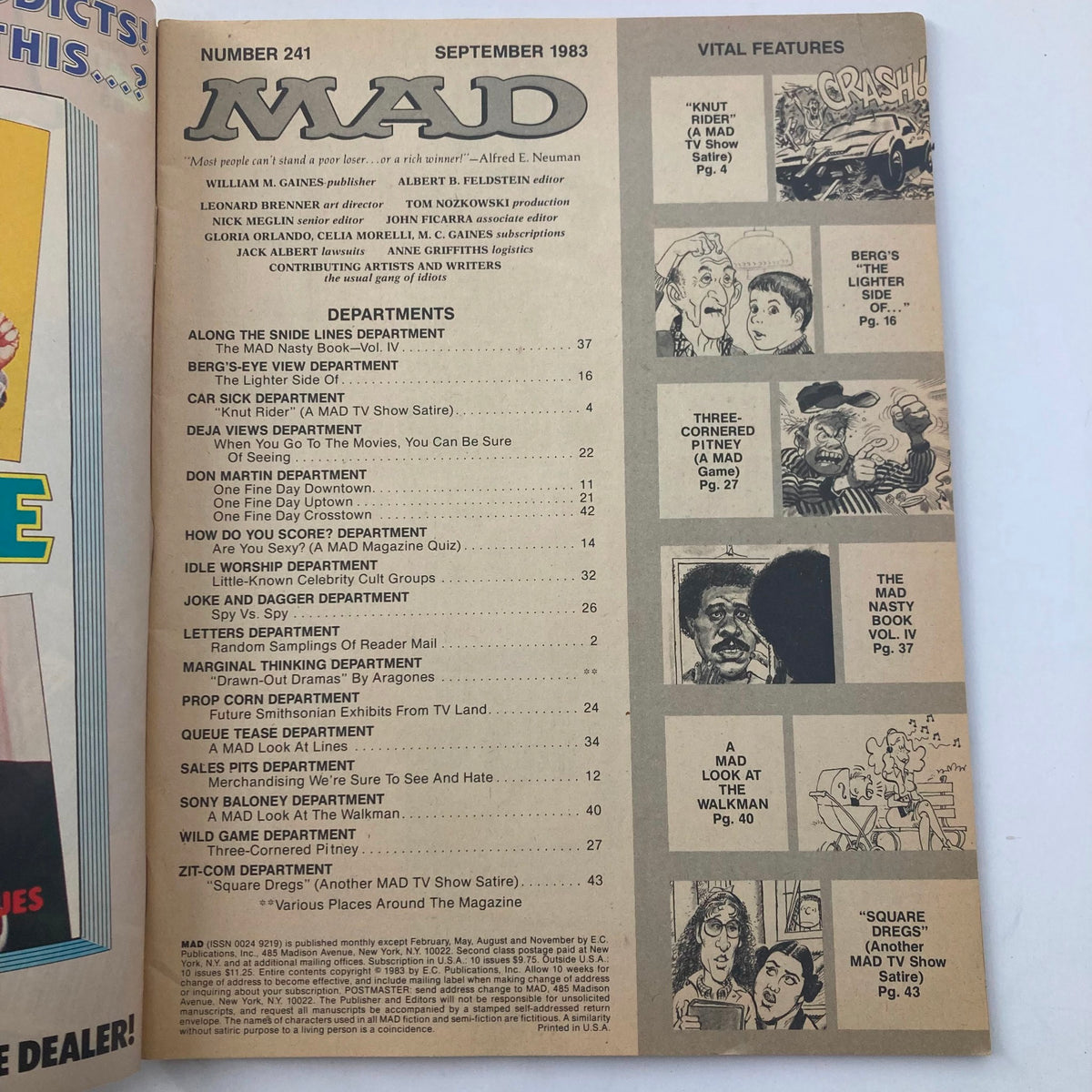 Inside page of Mad Magazine September 1983 No. 241 showcasing the table of contents with various article titles and features. This page reflects the magazine's playful and satirical style.