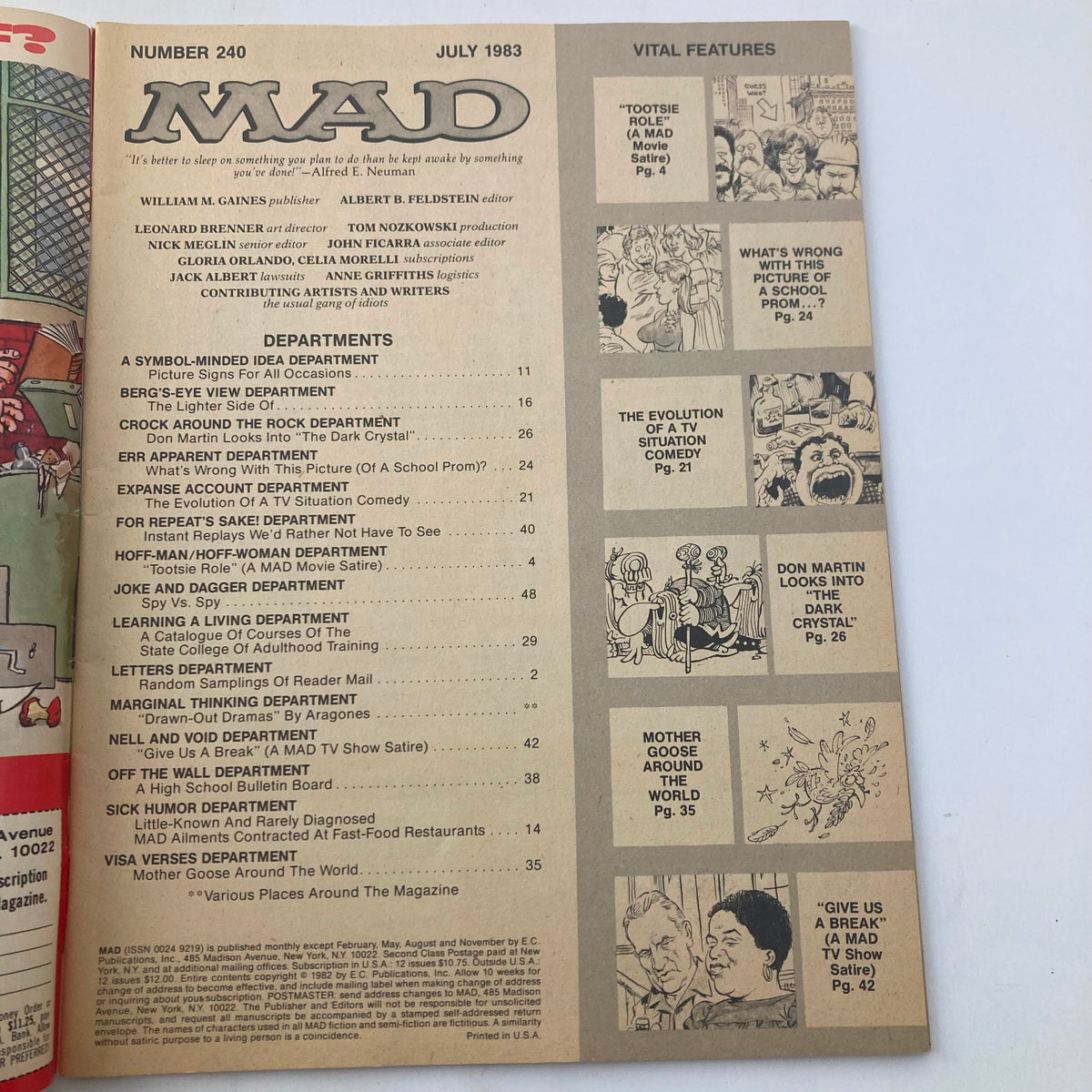 Inside page of VTG Mad Magazine July 1983 No. 240, showcasing the table of contents and various comedic articles and features.