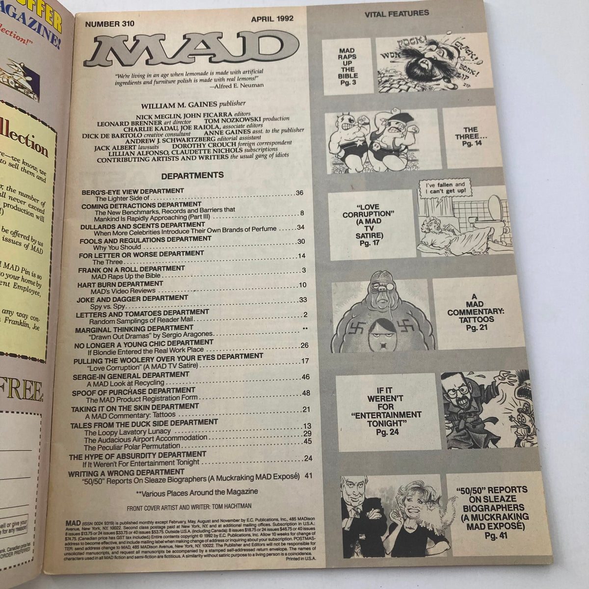 Interior page of Mad Magazine April 1992 No. 310 displaying the table of contents, illustrating the magazine's sections and contributing writers.