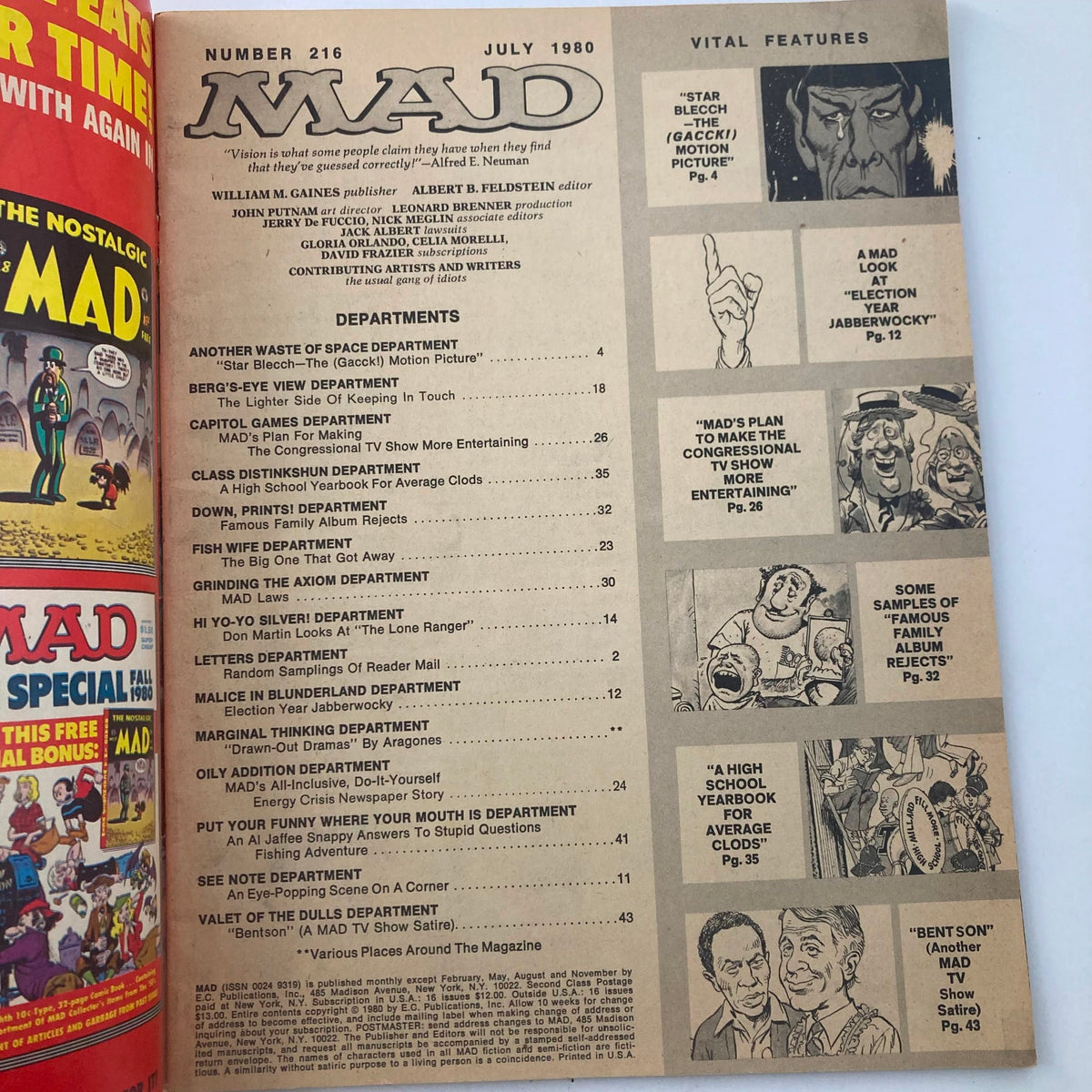 Inside page of VTG Mad Magazine July 1980 No. 216 featuring table of contents and vital features related to the TV show 'Benson'. Highlights humorous sections and vintage design.