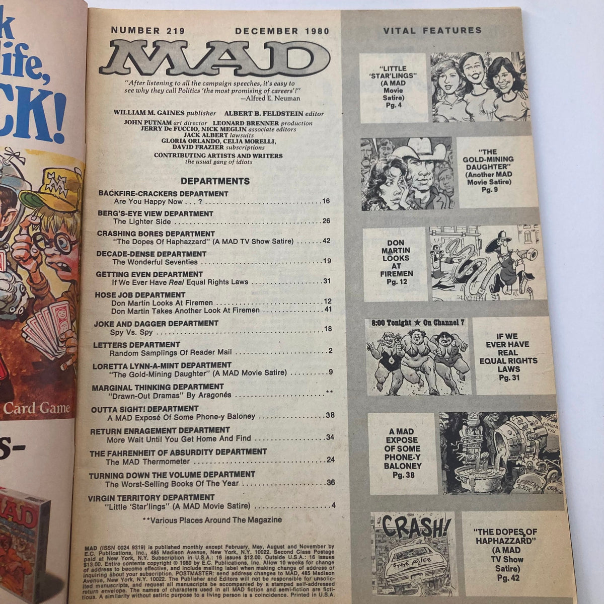 Table of contents from VTG Mad Magazine December 1980 No. 219, showcasing various sections and features including 'The Dopes of Haphazzard'.