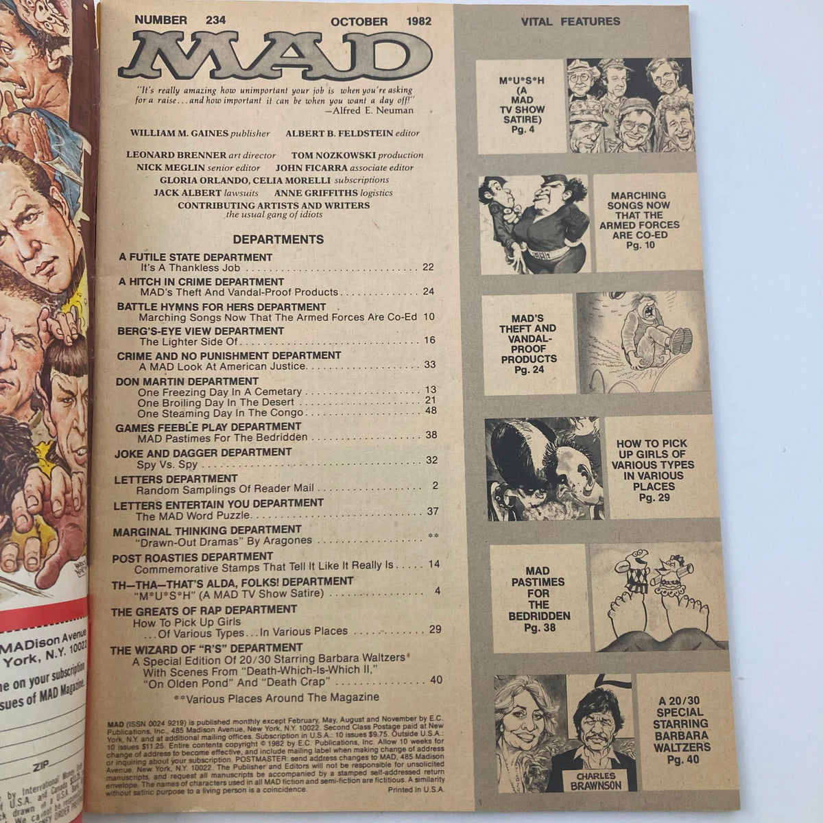 Interior page of Mad Magazine October 1982 No. 234 showcasing the table of contents and various departments included in the issue.