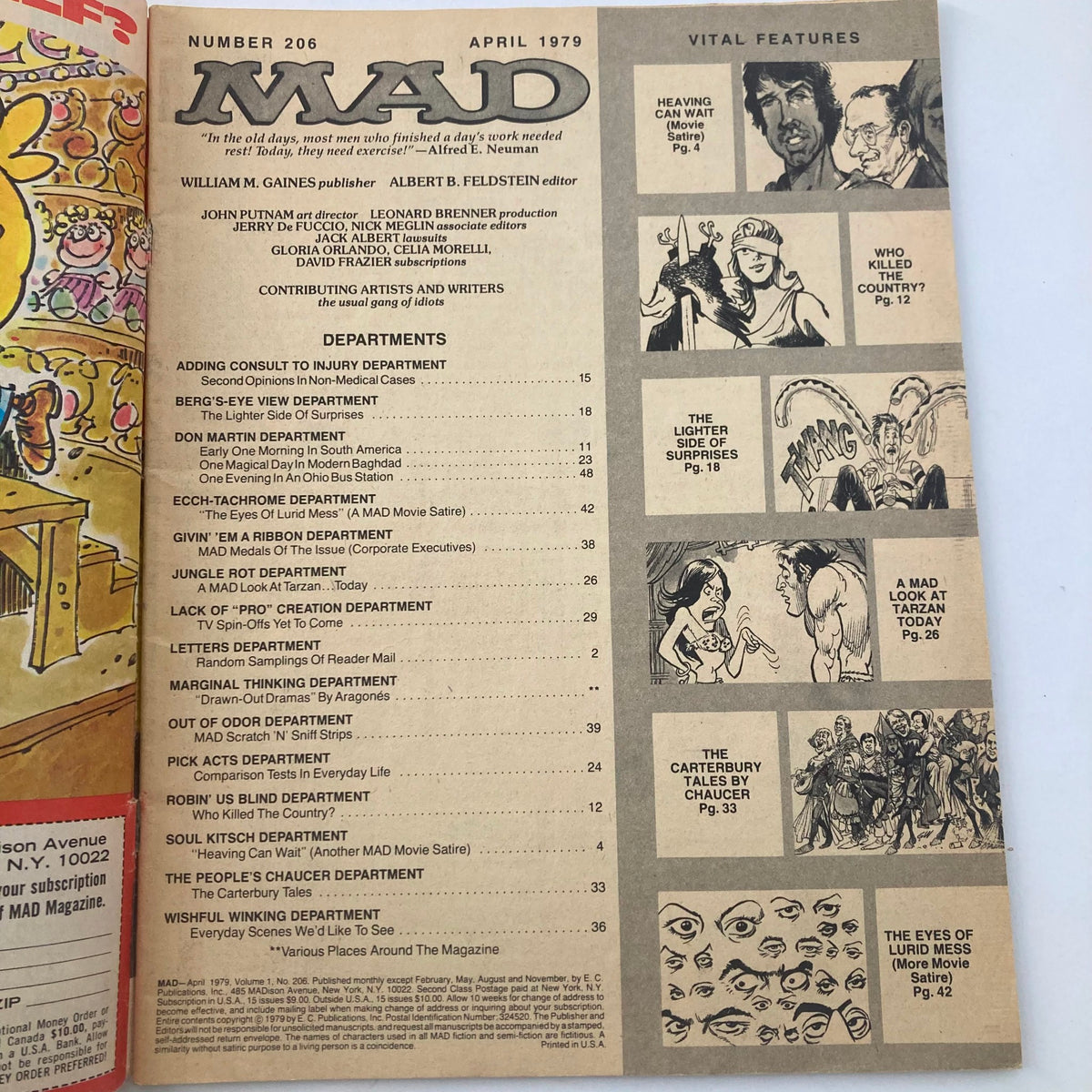Inside page of VTG Mad Magazine April 1979 No. 206 displaying the table of contents and vital features.