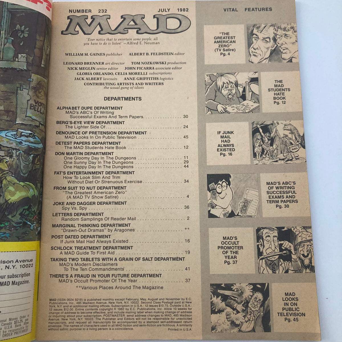 Table of contents from VTG Mad Magazine July 1982 No. 232, highlighting various departments and features, showcasing the magazine's satirical humor.