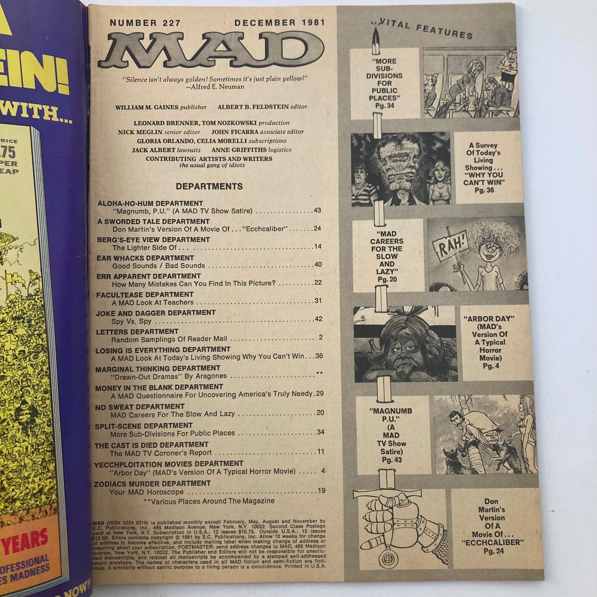 Inside page of VTG Mad Magazine December 1981 No. 227 displaying the table of contents and key features, including 'Magnum P.U.' and 'Arbor Day' parodies.