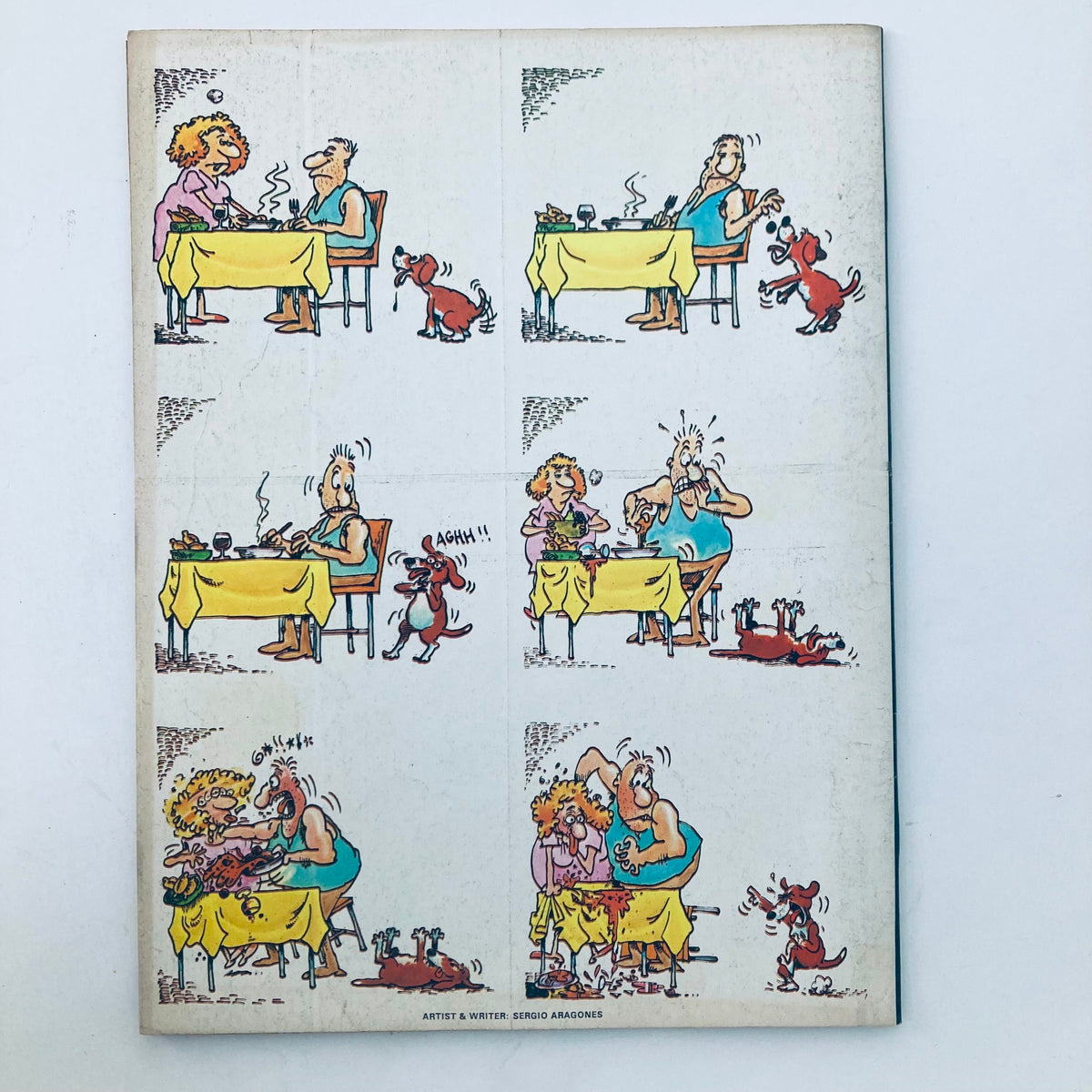 Back cover of VTG Mad Magazine December 1981 No. 227 featuring a humorous comic strip by Sergio Aragonés with cartoon characters at a dining table.