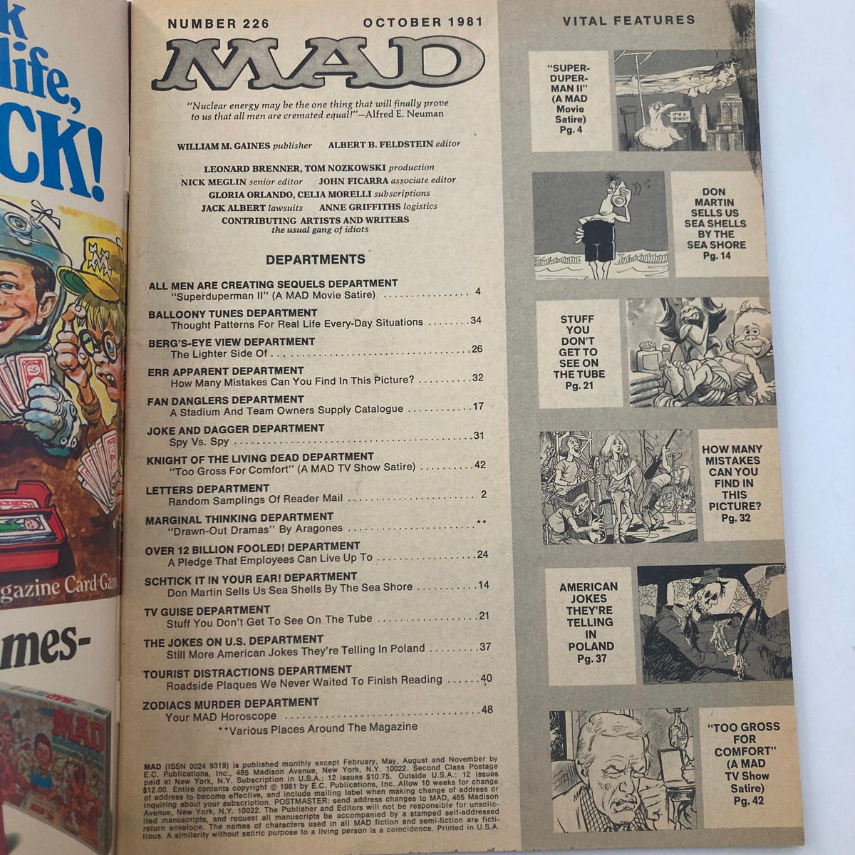 Interior page of VTG Mad Magazine October 1981 No. 226 featuring departments and articles including Superman II satire and contributions from various writers.