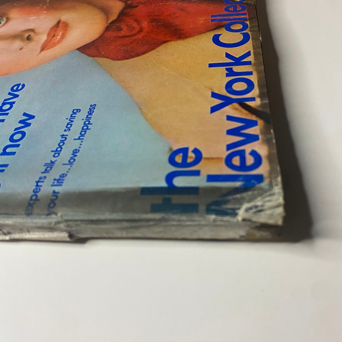Side view of Vogue Magazine September 1, 1971 showing the title and worn edges. Features cover model Patricia Dow and creative styling by David Bailey.