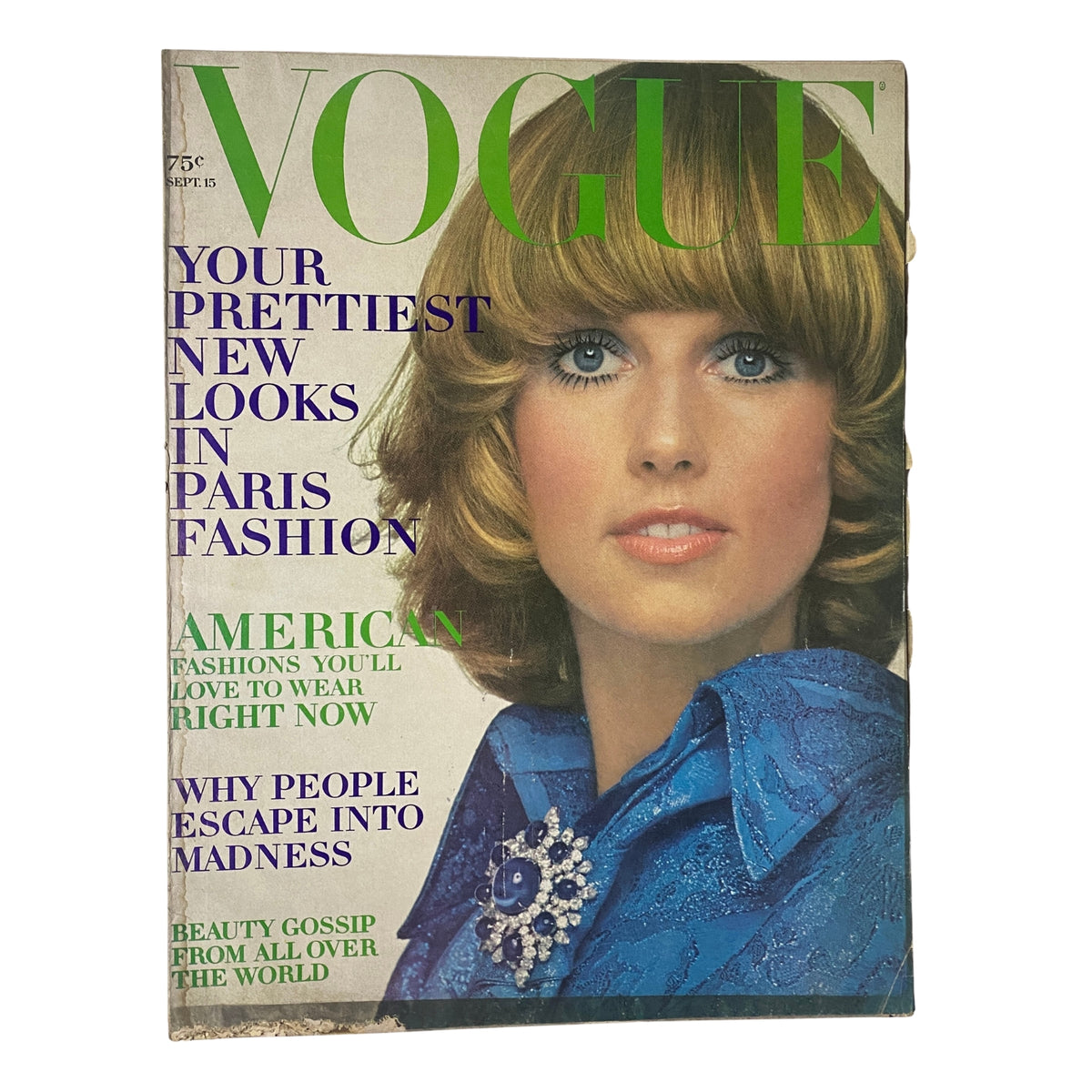 Vogue Magazine September 15, 1969 cover featuring model Susanne Schöneborn, showcasing the latest trends in Paris fashion with bold typography and vibrant colors.