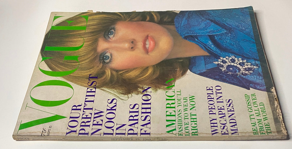 Close-up view of Vogue Magazine September 15, 1969 cover with model Susanne Schöneborn, highlighting the magazine's focus on American and Parisian fashion styles of the late 1960s.
