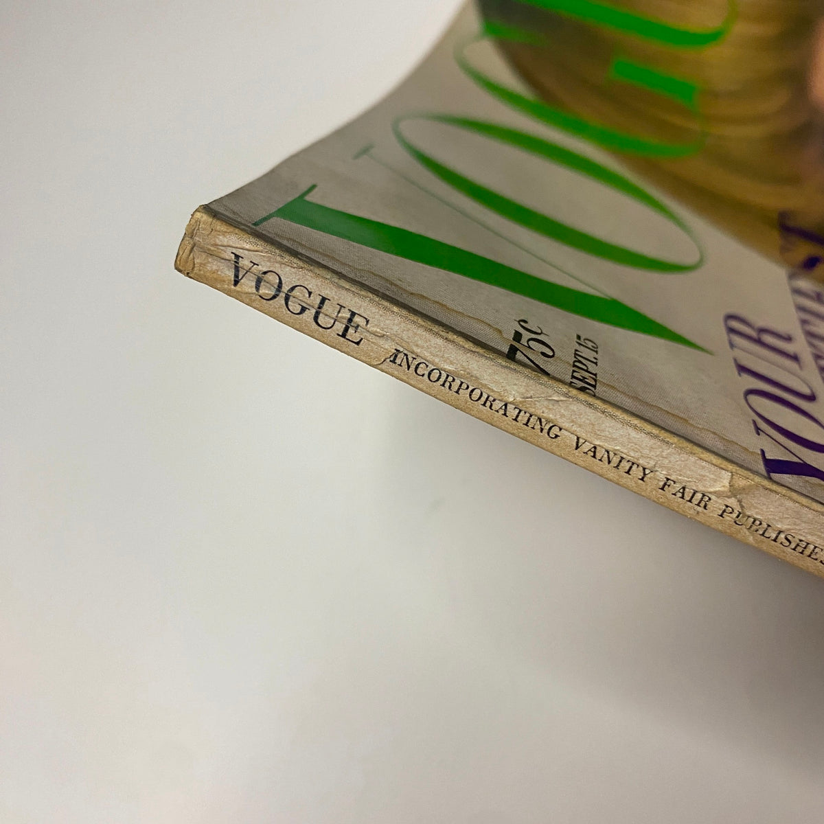 Vogue Magazine September 15, 1969 - Susanne Schöneborn Cover showing the magazine spine with visible wear and 'VOGUE' logo.