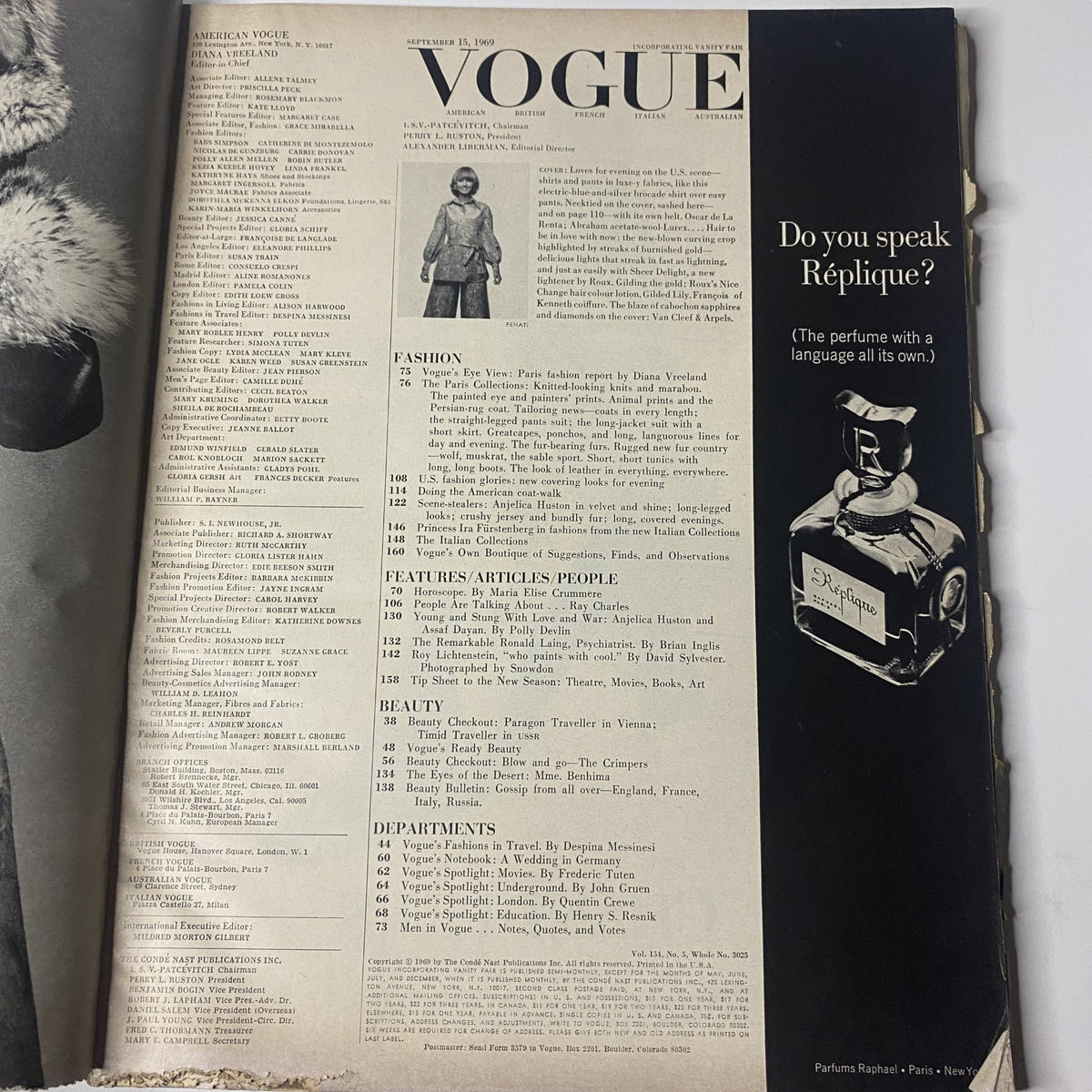 Interior page of Vogue Magazine September 15, 1969 - Susanne Schöneborn Cover, featuring the Table of Contents and advertising for perfume, 'Réplique'.