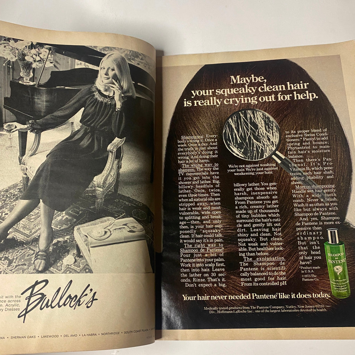Advert for Pantene showcasing hair care advice, featured in Vogue Magazine July 1975, emphasizing beauty and personal care.