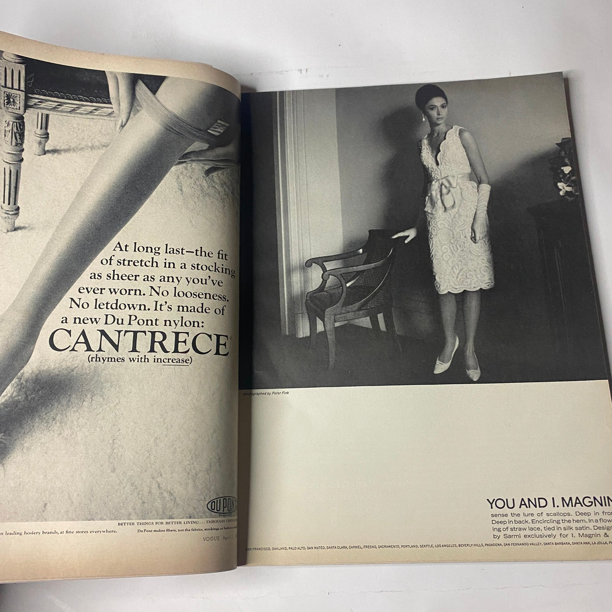 Vogue Magazine April 1, 1965 showcasing a fashion advertisement for Du Pont's Cantrece stockings with a model dressed elegantly in a chic white outfit.