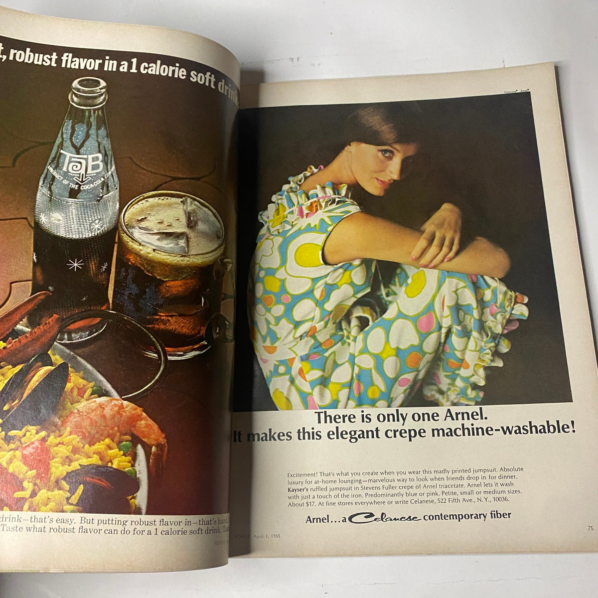 Vogue Magazine April 1, 1965 highlighting an ad for Arnel fabric, featuring a model in a colorful crepe outfit, promoting its machine-washable properties.