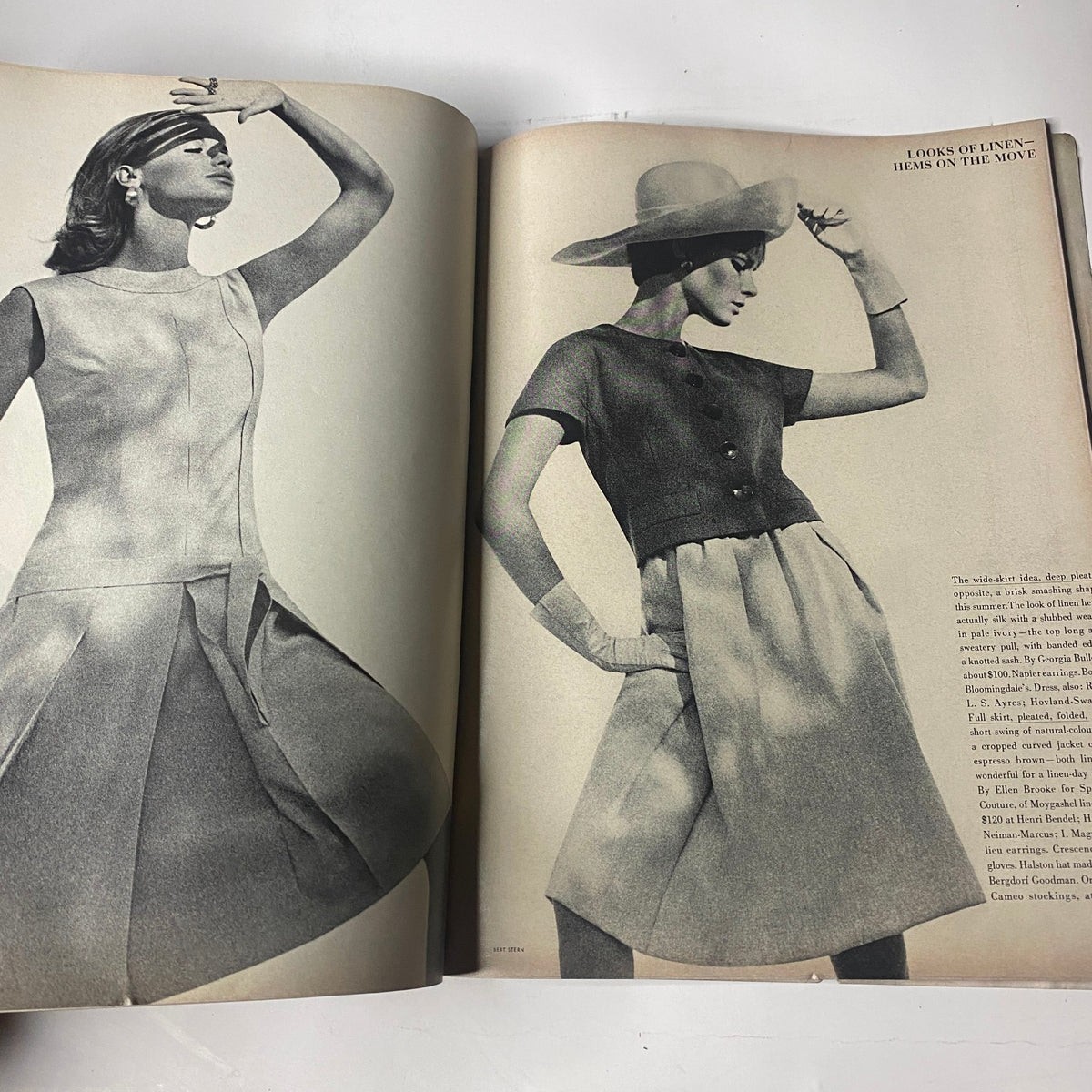 Vogue Magazine April 1, 1965 presenting a fashion layout with models wearing stylish outfits made from linen, emphasizing modern silhouette and accessories.