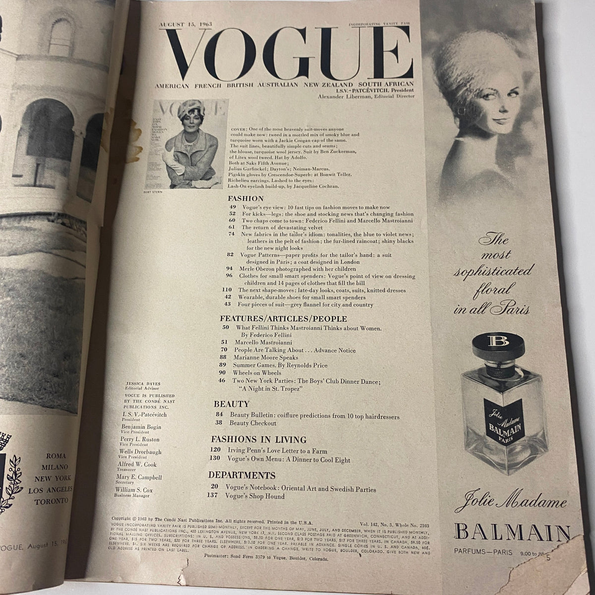Interior page of Vogue Magazine August 15, 1963 displaying the table of contents alongside a promotional advertisement, revealing the style and layout of the era.