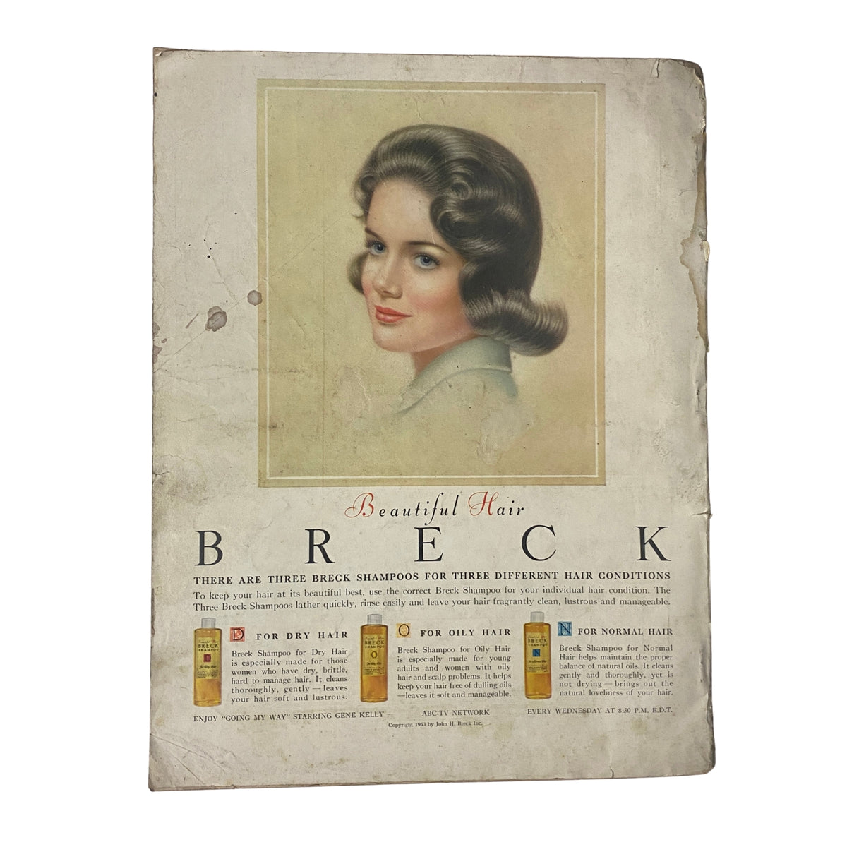 Vintage advertisement featuring 'Beautiful Hair' Breck shampoo, promoting hair care for different hair types. Includes three varieties: for oily hair, for dry hair, and for normal hair, all under the title 'Vogue Magazine August 15, 1963 Wilhelmina Cooper Cover by Bert Stern GD Interior.'