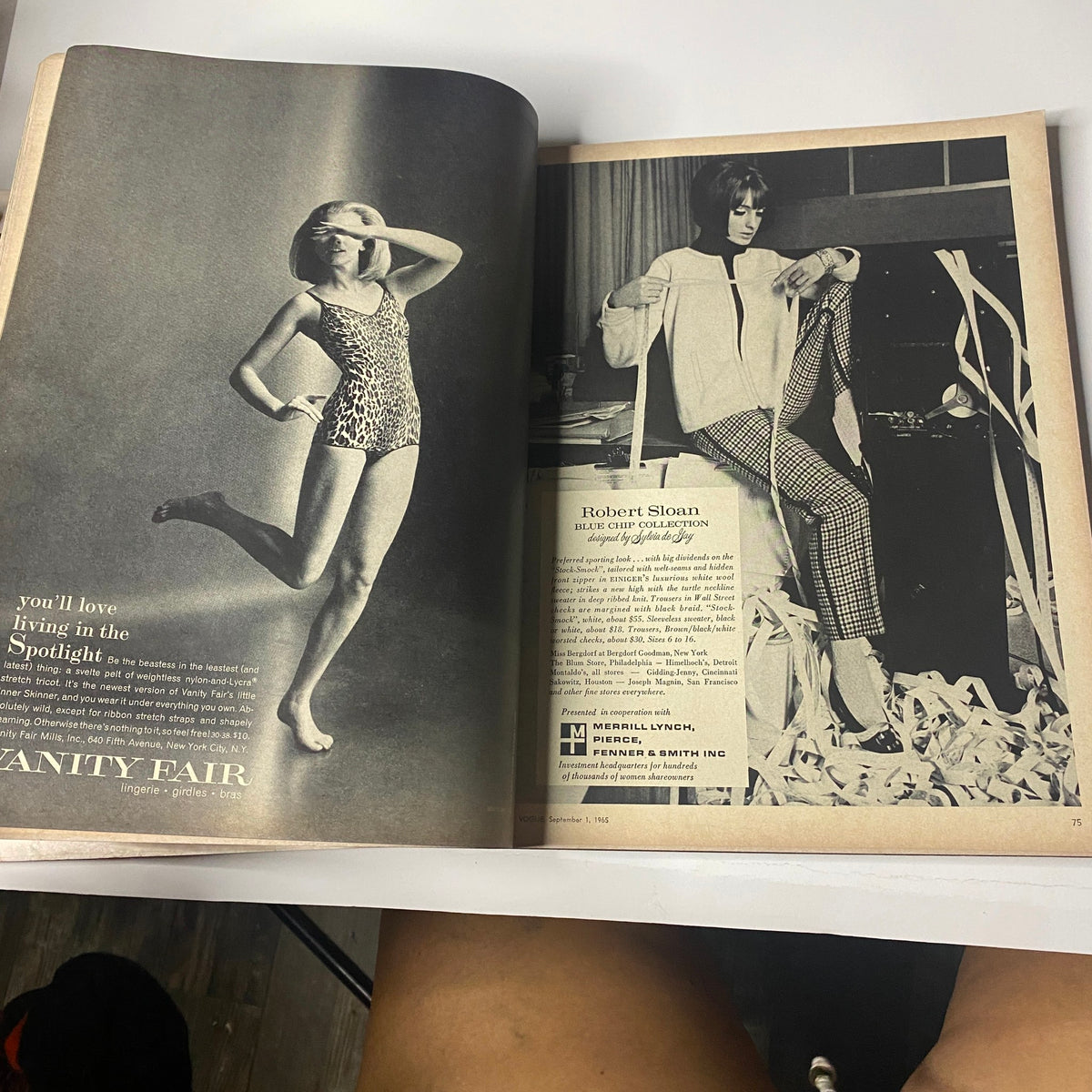 Advertisement in Vogue Magazine September 1, 1965 featuring a model in a stylish swimsuit for Vanity Fair, portraying glamour and sophistication.