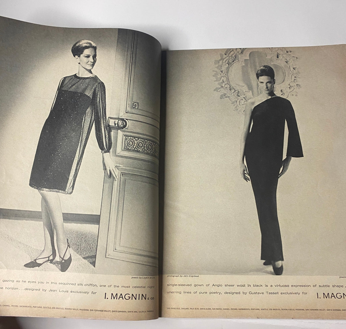 Fashion editorial spread from Vogue Magazine August 15, 1966 featuring elegant dresses styled by iconic designers, showcasing mid-60s fashion trends.