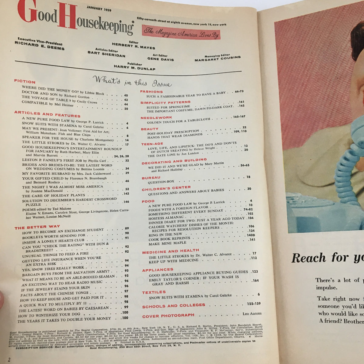 Good Housekeeping Magazine January 1959 table of contents, featuring articles on beauty, family, and cultural insights. Highlights include the story 'The Night I Was Almost Miss America'.