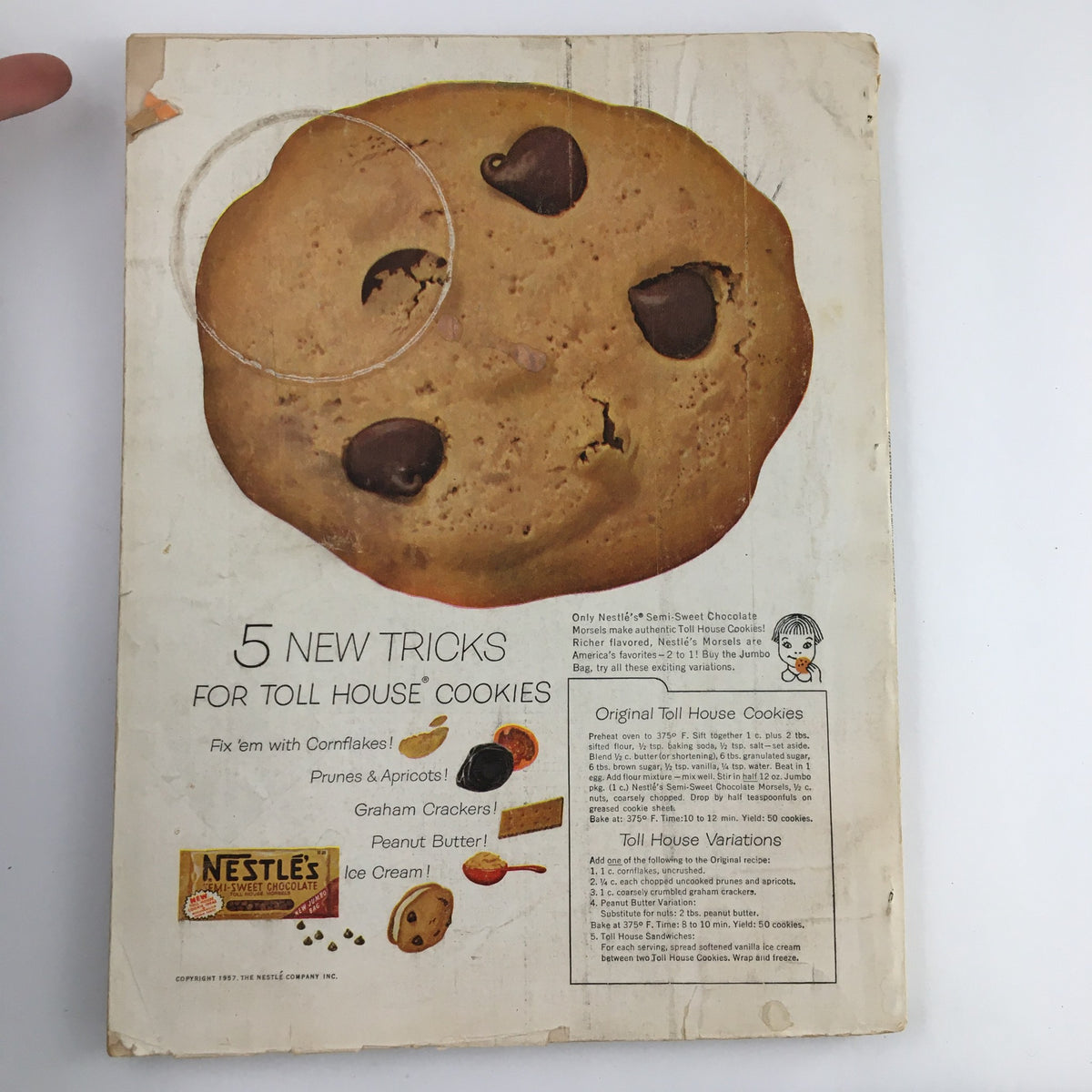 Back cover of Good Housekeeping Magazine October 1957 featuring an advertisement for Nestle's Toll House Cookies with a recipe and variations, highlighting popular baking tips from the 1950s.