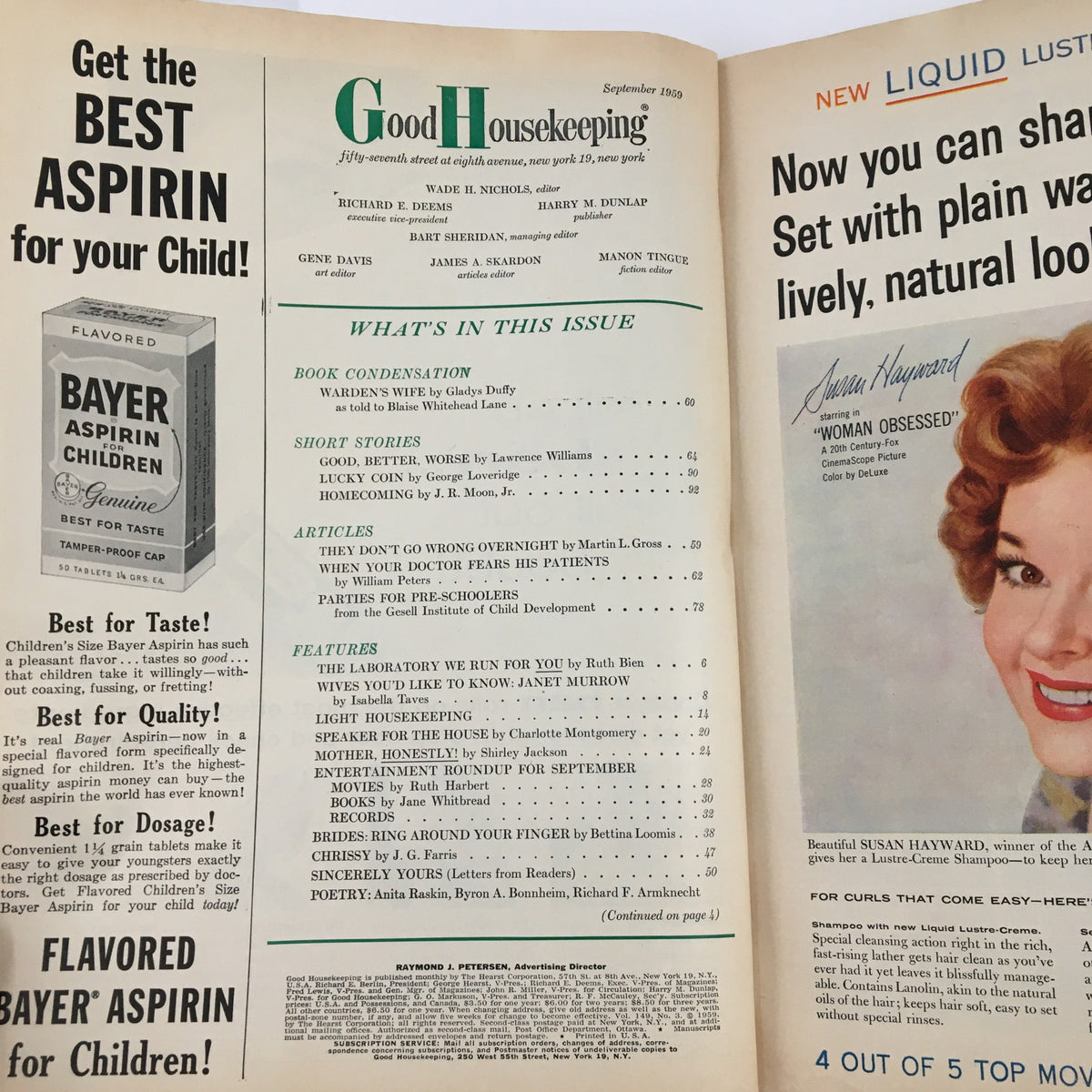 Inside view of the Good Housekeeping Magazine from September 1959 featuring the book Warden's Wife by Gladys Duff, showcasing articles, stories, and advertisements from that era.